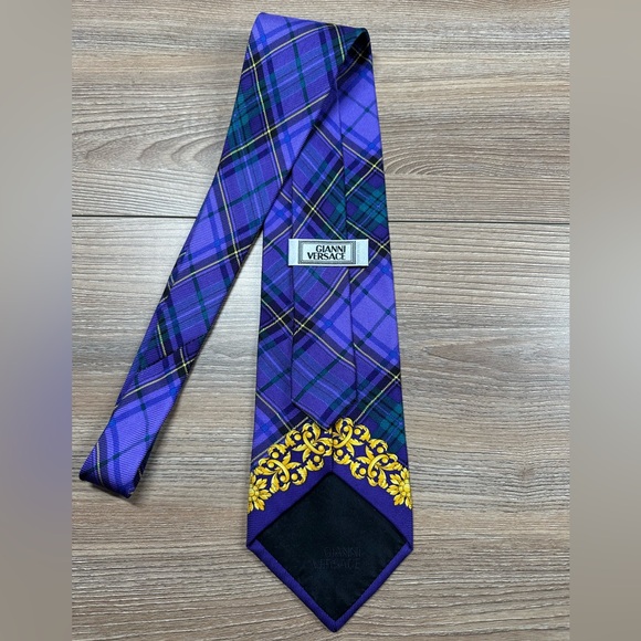 Gianni Versace 100% Silk Tie Medusa Head Baroque Tartan Plaid 57” 3 3/4” - Picture 7 of 11